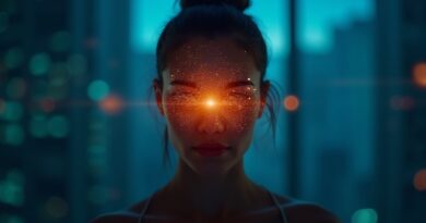 Przezroczysta aureola nad interfejsem wideo, symbol ochrony przed deepfake'ami