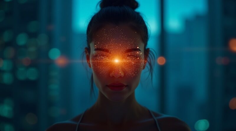 Przezroczysta aureola nad interfejsem wideo, symbol ochrony przed deepfake'ami