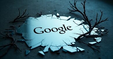 Rozbita lustrzana tablica Google na ciemnej podłodze, cierniste pnącza, cień młotka sędziowskiego.