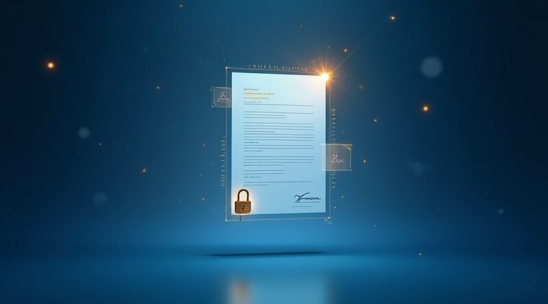 Złoty podpis elektroniczny na dokumencie PDF w błękitnej pustce z geometrycznymi liniami.