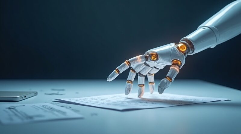 Translacyjna robotyczna dłoń kładzie dokument na biurku w błękicie i złocie.