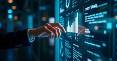 Holograficzny dashboard budżetu AI z regulacją kredytów w niebiesko-złotej tonacji
