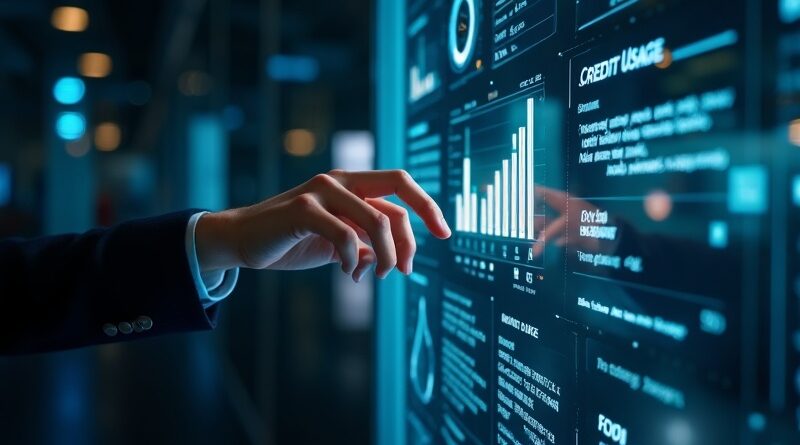 Holograficzny dashboard budżetu AI z regulacją kredytów w niebiesko-złotej tonacji