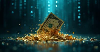 Złoty dolar rozpada się w cyfrową otchłań z binarnym kodem i światłowodami.