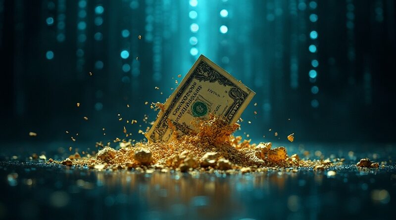 Złoty dolar rozpada się w cyfrową otchłań z binarnym kodem i światłowodami.