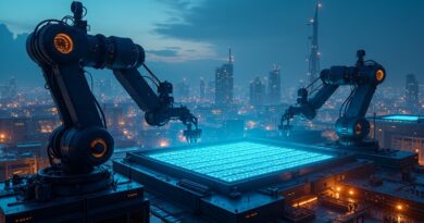 Futurystyczna koreańska fabryka chipów o zmierzchu z neonowym oświetleniem i robotami montującymi pamięć HBM.