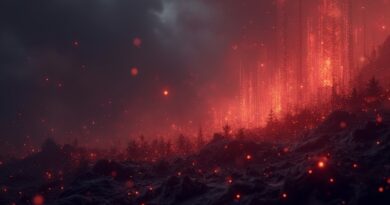 Spadające wykresy i mikrochipy, zadymiona melancholijna atmosfera, pomarańczowe światło na fioletowo-czarnym tle