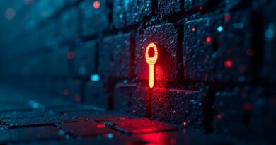 Świecące cyfrowe drzwi z czerwonym kluczem – symbol luki w Claude Code