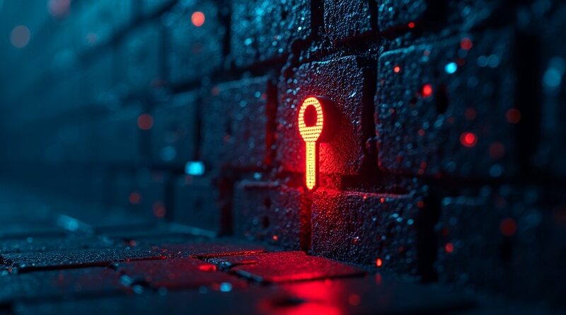 Świecące cyfrowe drzwi z czerwonym kluczem – symbol luki w Claude Code