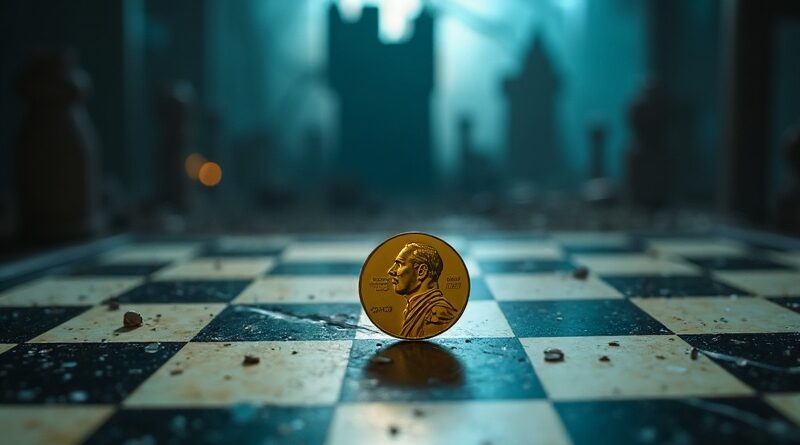 Szachownica, złoty medal Nobla, waląca się szklana twierdza, dramatyczne cienie.