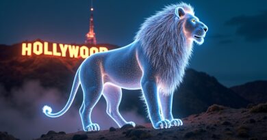 Majestatyczny lew z cyfrowych danych przed neonowym napisem Hollywood, cyberpunk.