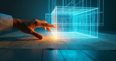 Ręka architekta dotyka sepii planu, przechodzącego w neonowo-niebieski model 3D.
