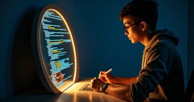 Lśniące lustro odbija programistę i robotyczne ramię piszące złoty kod na ciemnoniebieskim tle.