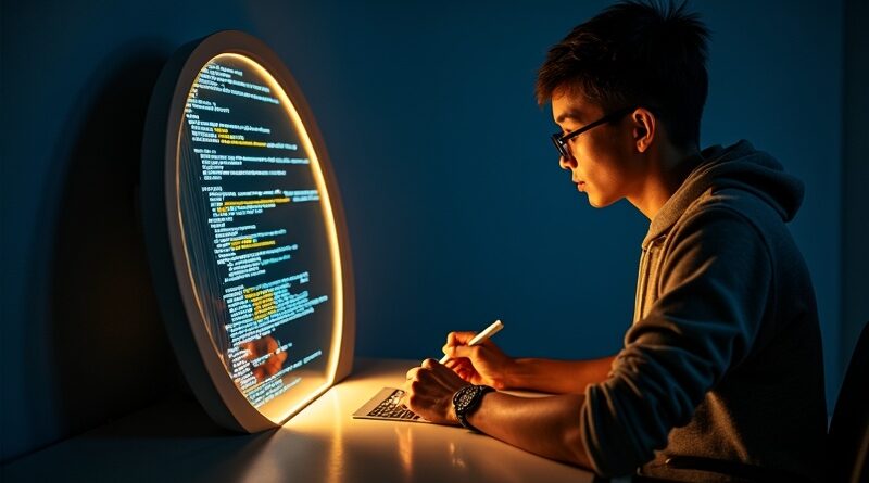 Lśniące lustro odbija programistę i robotyczne ramię piszące złoty kod na ciemnoniebieskim tle.