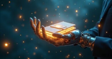 Przezroczysta robotyczna dłoń trzyma świetlisty portfel, wokół węzły blockchain, błękit i złoto
