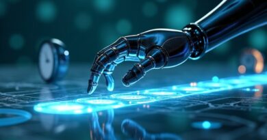 Robotyczne ramię unoszące się nad holograficzną, błękitno-zieloną, 4D osią czasu z pływającymi zegarami.