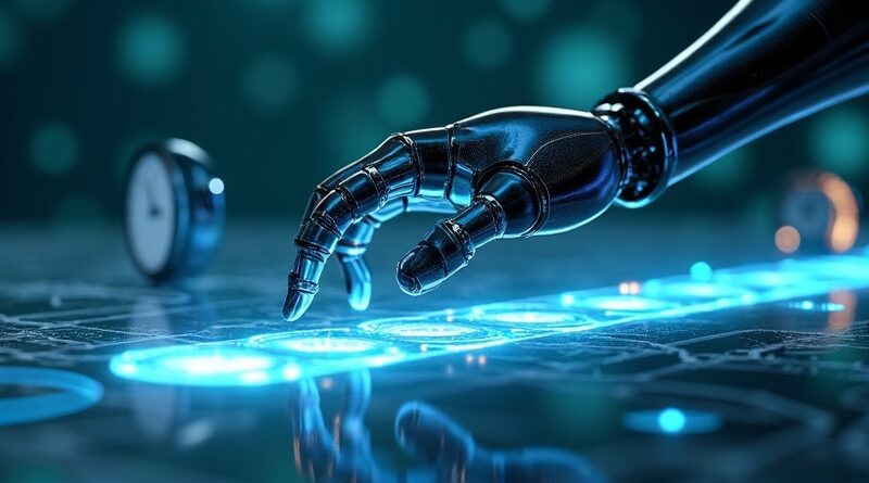 Robotyczne ramię unoszące się nad holograficzną, błękitno-zieloną, 4D osią czasu z pływającymi zegarami.
