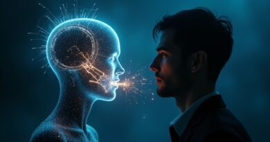 Surrealna cyfrowa grafika: głowa chatbota AI z pękniętą szklaną powierzchnią, z której uciekają złote klucze w stronę cienia hakera.