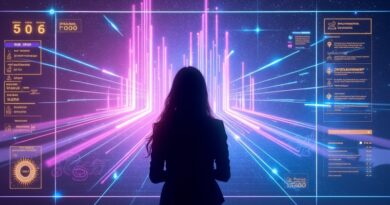 Sylwetka twórcy przed holograficznym dashboardem z fioletowo-niebieskimi strumieniami danych i złotymi akcentami.