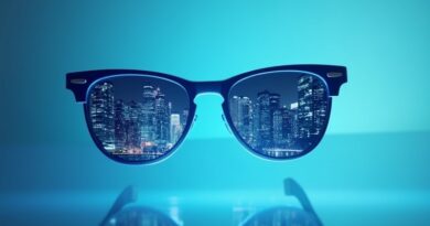 Błyszczące okulary Ray-Ban Meta odbijają cyfrowe, futurystyczne miasto w soczewkach.