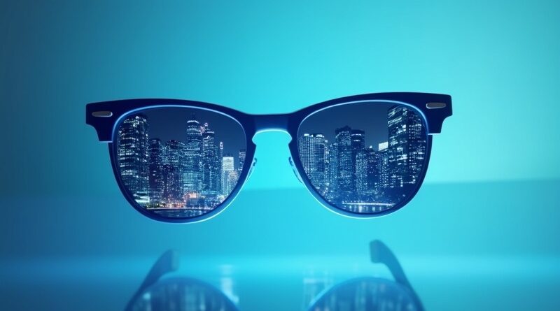 Błyszczące okulary Ray-Ban Meta odbijają cyfrowe, futurystyczne miasto w soczewkach.