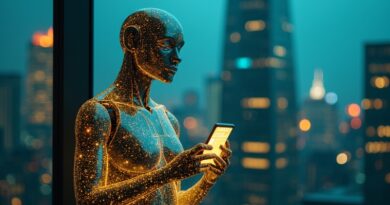 Gigantyczny AI ze złotych danych nad Londynem, trzyma smartfon z logami WhatsApp i Instagrama.