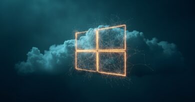 Lśniąca ikona Windowsa z linii sieci neuronowej nad ciemną chmurą, złote akcenty, minimalizm, nadzieja.