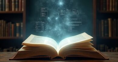 Wintryczna, uniwersytecka biblioteka, nad otwartą księgą unoszą się diagramy i teksty.