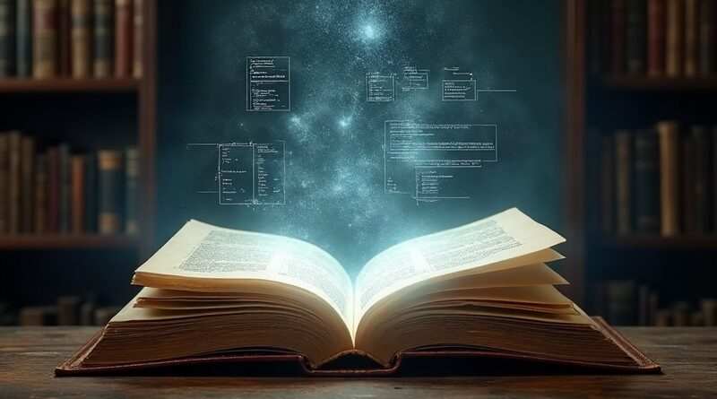 Wintryczna, uniwersytecka biblioteka, nad otwartą księgą unoszą się diagramy i teksty.