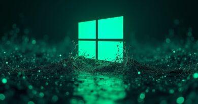 Świeże logo Microsoftu nad bagnem splątanych danych sieciowych, niebiesko-neonowa zieleń.