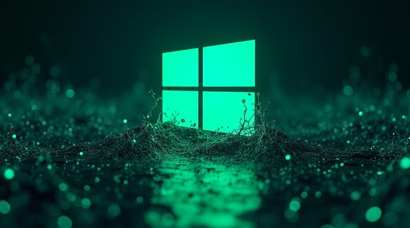 Świeże logo Microsoftu nad bagnem splątanych danych sieciowych, niebiesko-neonowa zieleń.
