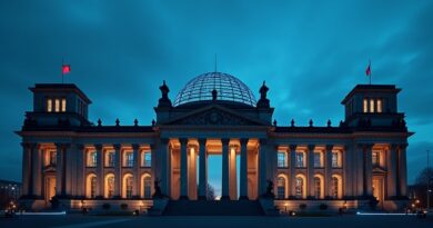 Reichstag o zmierzchu, szklana kopuła z niebieskimi obwodami danych i złotym światłem.