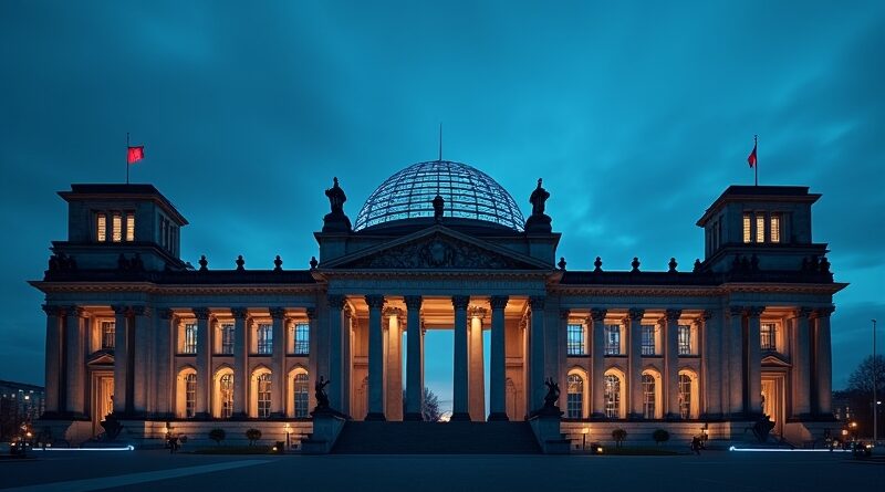 Reichstag o zmierzchu, szklana kopuła z niebieskimi obwodami danych i złotym światłem.