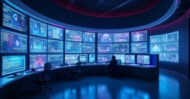 Puste centrum kontroli marketingu z holograficznymi ekranami. Niebieskie i fioletowe światła. Autonomiczne AI pracuje nocą.