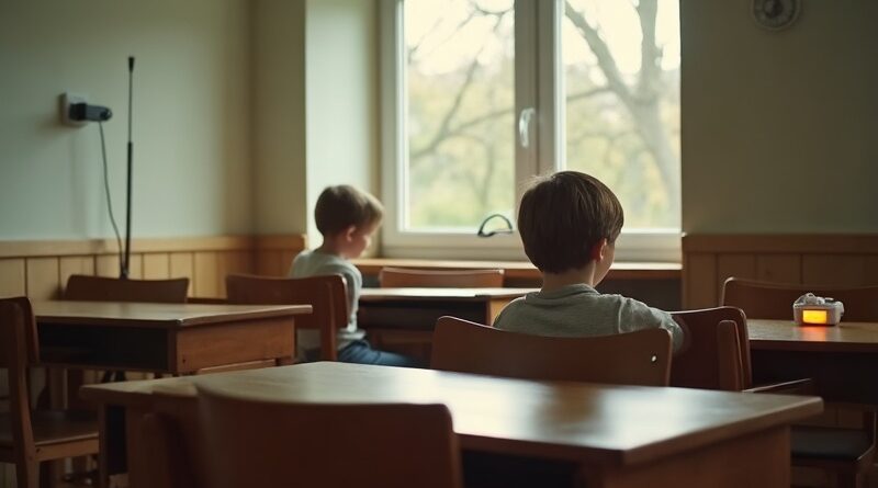 Sielska norweska klasa. Dziecko wyciąga świecącą wtyczkę AI ze ściany.