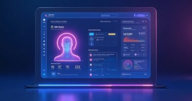 Elegancki dashboard z fioletowo-niebieskim gradientem, minimalistyczny interfejs kreatora agenta AI.