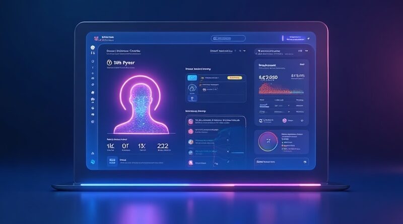Elegancki dashboard z fioletowo-niebieskim gradientem, minimalistyczny interfejs kreatora agenta AI.