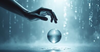 Metallic hand releases glass sphere with gravity trails against dissolving digital matrix