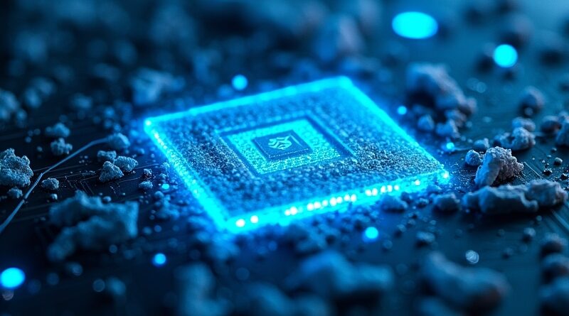 Mikroskopijny rdzeń GPU, niebiesko-cyjanowa poświata, pęknięcia w ciemnym metalu, cyberpunkowa precyzja.