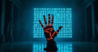 Physical AI: robotyczna dłoń wyłania się z cyfrowej siatki nad ciemną fabryką.