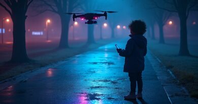 Telefon dziecka rzuca neonową mapę 3D parku, dron unosi się nad ziemią, efekty glitch.