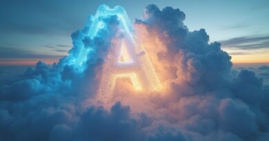 Dwie kolosalne chmury A i AWS łączą się błękitno-złotymi neuronowymi szlakami.