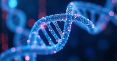 Futurystyczne laboratorium z wirującą, świecącą helisą DNA oraz cyfrowym kodem.