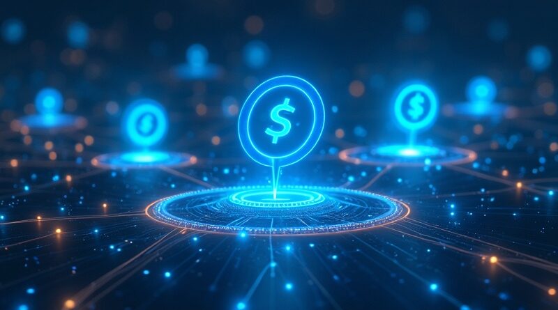 Świecące niebieskie tokeny kredytów między awatarami programistów połączone nitkami światła