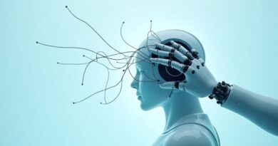 Futurystyczna robotyczna dłoń usuwa splątane przewody z głowy, miękki niebieski blask.