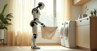 Humanoidalny robot składa pranie w minimalistycznym domu, pastelowe barwy, spokój domowy.