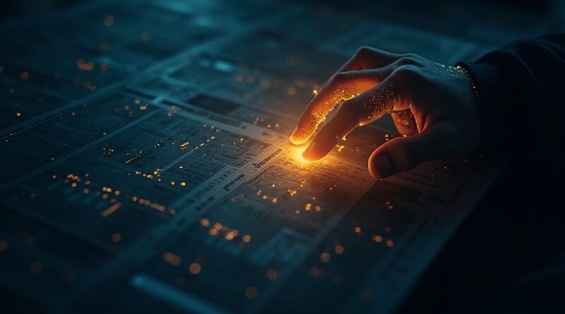 Świecąca dłoń światła manipuluje komórkami w ciemnym arkuszu Excela, futurystyczny nastrój