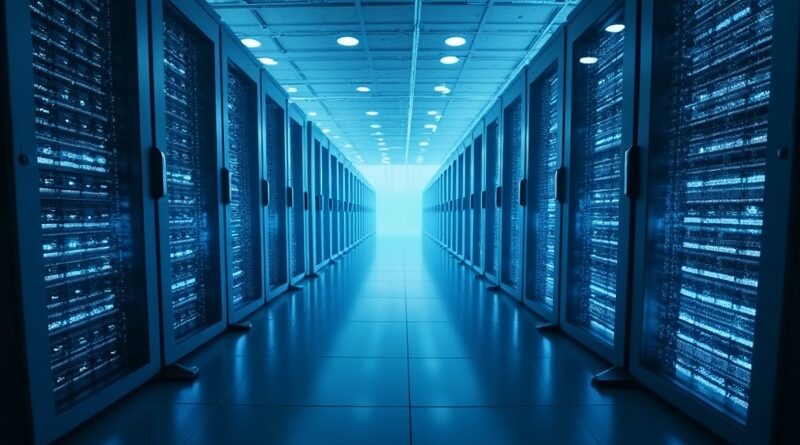 Tysiące GPU rozpuszczają się w garstkę świecących węzłów, niebiesko-srebrna paleta.