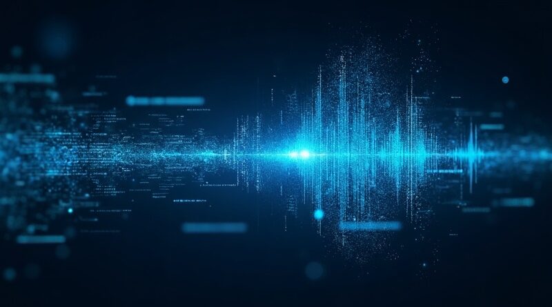 Fala głosowa przechodzi w strumienie kodu, błękitny cyjan, cyberpunkowa innowacja.