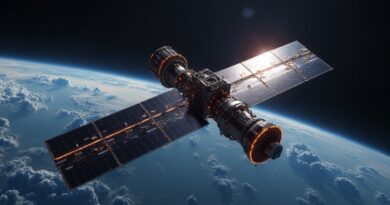 Satelita AI1 z lśniącymi panelami i pomarańczowymi radiatorami nad Ziemią.